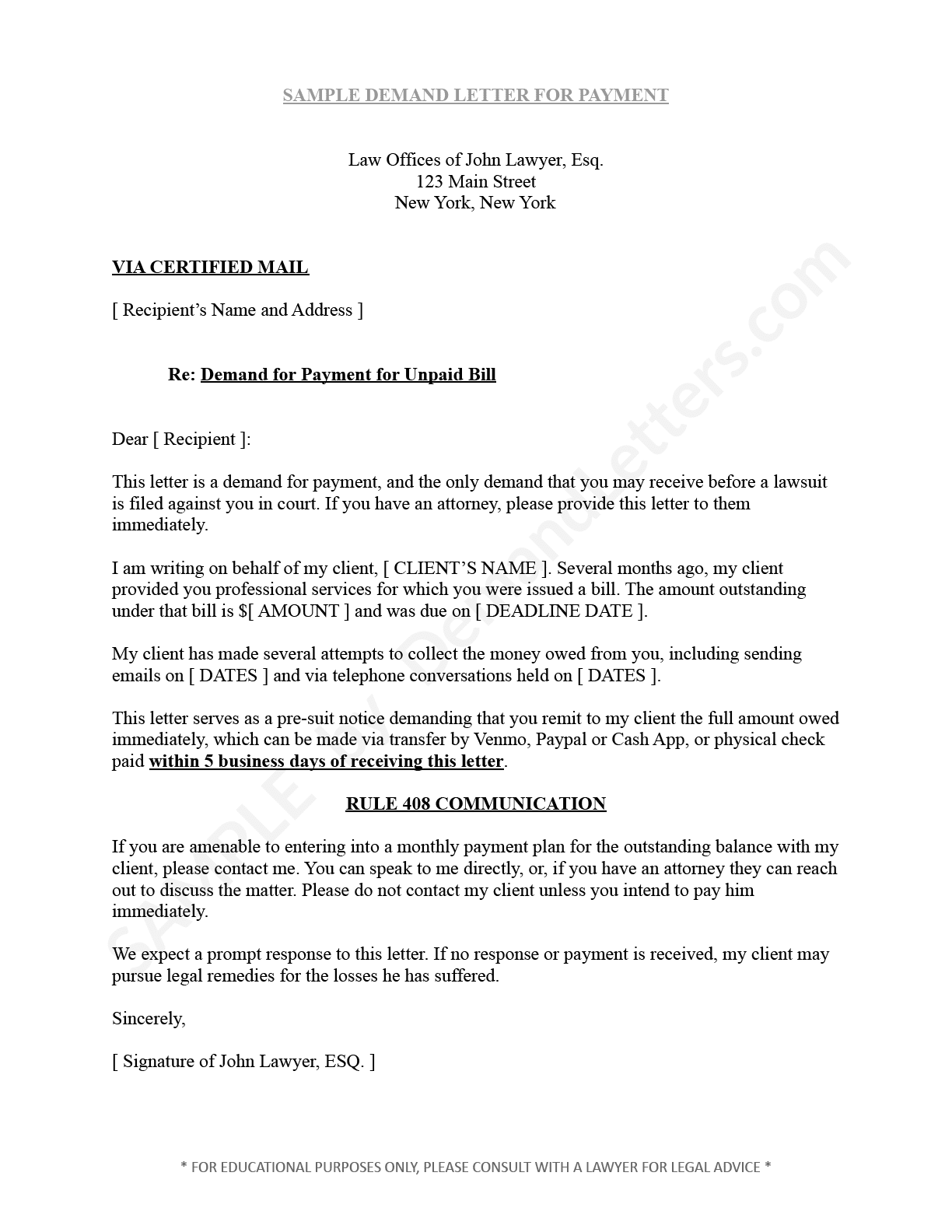 Sample Demand Letter For Payment By Lawyer- DemandLetters.com
